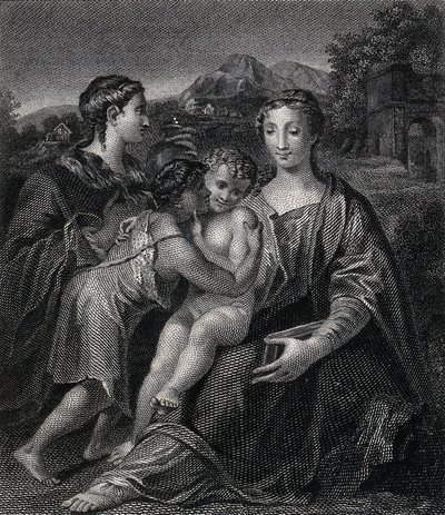Pyhä Maria (autuas Neitsyt) Kristus-lapsen, pyhän Johannes Kastajan ja pyhän Maria Magdaleenan kanssa. Kaiverrus G. F. M. Mazzolan, il Parmigianinon, mukaan. tekijältä Parmigianino