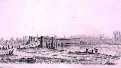 Allah Verdi Khanin silta Isfahanissa, Persian Voyage Pittoresquesta, kaivertanut Claude Sauvageot (1832-85), julkaissut Lemercier, Paris tekijältä Pascal Xavier (after) Coste