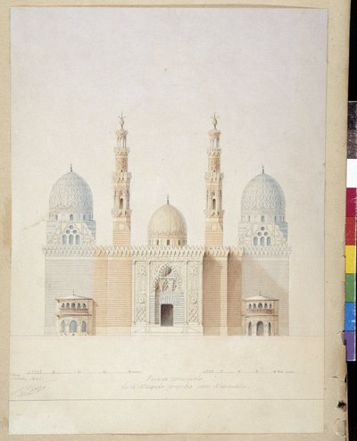 Arkkitehtuuri: Aleksandrian moskeijan pääjulkisivuprojekti. Egypti. Pascal Costen piirustus (1787-1879) tekijältä Pascal Xavier (after) Coste