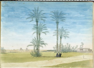 Egypti: "" Gyzen pyramidit (Guizeh, Guiseh, Giza) Pascal Costen piirustus (1787-1879) Välimeren arkeologian museo, Marseille tekijältä Pascal Xavier (after) Coste