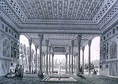 Sisäkuva Isfahanin peilipaviljongista, levy 35 julkaisusta "Modern Monuments of Persia", kaiverrettu Claude Sauvageot (1832-85) ja Jean Charles Huguet tekijältä Pascal Xavier (after) Coste