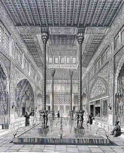Isfahanissa sijaitsevan Chahar Baghin palatsin sisustus Persian Voyage Pittoresquesta, kaiverrettu Claude Sauvageot (1832-85) ja Jean Charles Huguet (s.1815), julkaisija Lemercier, Paris tekijältä Pascal Xavier (after) Coste