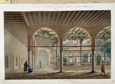 Orientalismi: dervishien luostari ja suihkulähde. Pascal Costen piirustus (1787-1879) tekijältä Pascal Xavier (after) Coste
