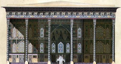 Chehel Situnin paviljonki tai "40 pylvästä", Isfahan, levyt 42-43 julkaisusta "Modern Monuments of Persia", kaivertanut A. Levie tekijältä Pascal Xavier (after) Coste