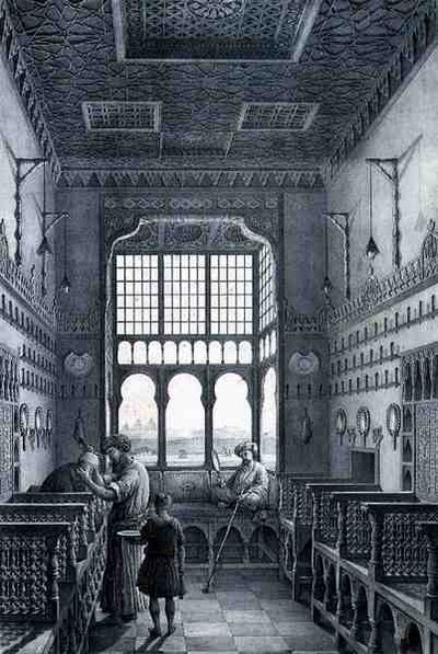 Katsele parturia ranskalaisessa korttelissa lähellä Quantarat El Gedydehiä, teoksesta Voyage Pittoresque in Persia, kaiverrus Emile Edmond Ollivier (1800-64), julkaisija Letronne, Paris (kaiverrus) tekijältä Pascal Xavier (after) Coste