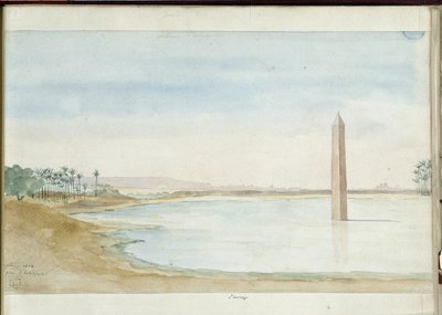 Näkymä Niilille ja Sesostris I:n obeliskille Heliopoliksessa, Egyptissä. Pascal Costen akvarelli (1787-1879). Marseillen kaupunginkirjasto tekijältä Pascal Xavier (after) Coste