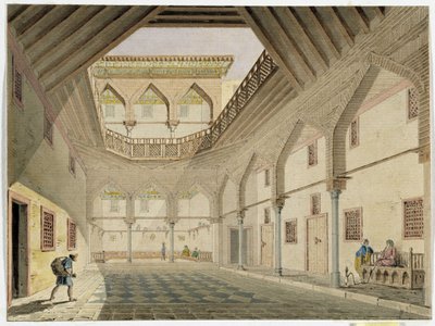 Näkymä asuntovaunuradan sisäpuolelle, Azir Osman Aghan kotiin. Pascal Costen akvarelli (1787-1879) Välimeren arkeologian museo, Marseille tekijältä Pascal Xavier (after) Coste