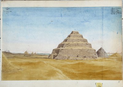 Näkymä Sakarran pyramideista. Egypti tammikuu 1819 Pascal Costen akvarelli (1787-1879) Marseillen kaupunginkirjasto tekijältä Pascal Xavier (after) Coste