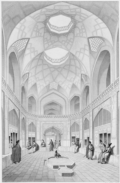 Adji Seid Hussein Bazaar, Kashan, teoksesta "Voyage Pittoresque of Persia", kaiverrettu Louis Felix Penel (fl.1780-1830), julkaissut Lemercier, Pariisi, 1856 tekijältä Pascal Xavier Coste