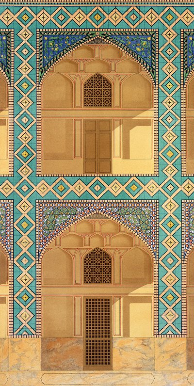 Yksityiskohta Isfahanin Medrese-i-Shah-Husseinin sisäpihan arkadeista, levy 26-27 teoksesta Modern Monuments of Persia, kaiverrettu A. Levie, 1856, litografia. tekijältä Pascal Xavier Coste