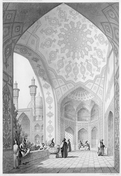 Medrese-i-Shah-Husseinin pääsisäänkäynnin eteinen, Isfahan, levy 21 Persian nykyaikaisista monumenteista, kaiverrettu Claude Sauvageot (1832-85) ja Maurage, 1856 tekijältä Pascal Xavier Coste