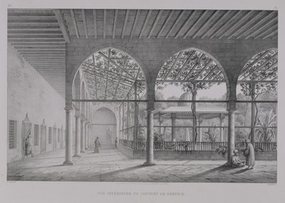 Näkymä Kairon Dervish-luostarin sisätiloihin "Kairon muistomerkit ja rakennukset", kaiverrettu Emile Edmond Ollivier (1800-64), julkaissut Letronne, Pariisi, 1829 tekijältä Pascal Xavier Coste