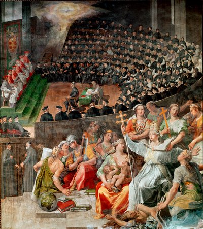 Trenton kirkolliskokous 1545 ja 1563 Pasquale Catin (1550-1620) fresko 1588-1589 Santa Maria in Trasteveren kirkko, Rooma. tekijältä Pasquale Cati