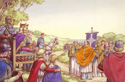 Augustinus kuningas Ethelbertin ja hänen kuningattarensa Berthan edessä (guassi paperille). tekijältä Pat (1907-95) Nicolle