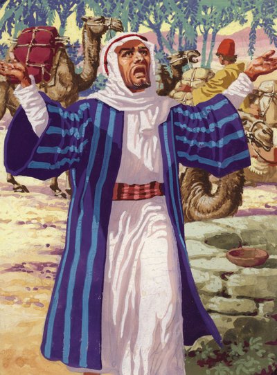 Elieser pyytää Jumalalta johdatusta Iisakin vaimon valintaan (gouassia paperille). tekijältä Pat (1907-95) Nicolle