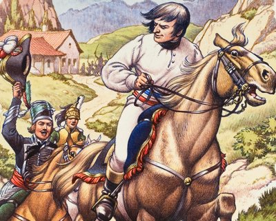 Napoleon pakenee niukasti, kun itävaltalainen ratsuväkipartio on hänen kannoillaan. tekijältä Pat (1907 95) Nicolle