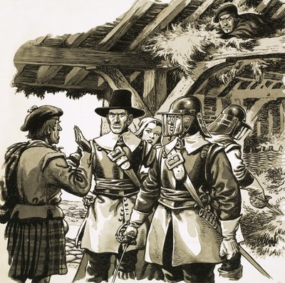 Montrosen markiisi kuunteli, kun sotilaat etsivät häntä, piiloutuneena peltotyöläisen heinäparvelle... tekijältä Pat (1907-95) Nicolle