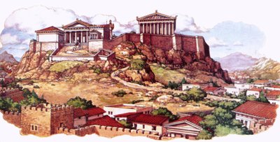 Ateenan Akropolis eli muinainen linnoitus sellaisena kuin se näytti 5. vuosisadalla. tekijältä Pat (1907 95) Nicolle