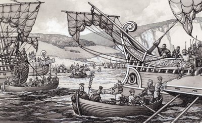 Roomalaiset hyökkäävät Englantiin vuonna 55 eKr. Julius Caesarin johdolla (guassi paperille). tekijältä Pat (1907-95) Nicolle