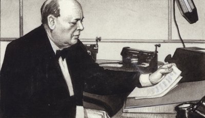 Winston Churchill hält eine seiner berühmten Kriegsreden im Radio von Pat (1907-95) Nicolle