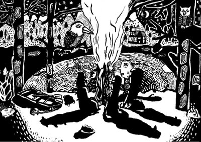 tulipalo metsässä, 2014 (tussi ja sivellin) tekijältä Pat Macdonald