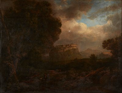 Kaukainen näkymä Edinburghiin, matkustajat etualalla (öljy kankaalle) tekijältä Patrick (attr.to) Nasmyth