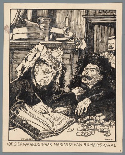 Ministerit De Visser ja Simon de Vries veronkannettajina Misers: Marinus van Romerwaalin jälkeen (otsikko esineessä) tekijältä Patricq Kroon (signed by artist)