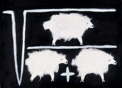 Kloonaus: Matemaattinen symboli, joka edustaa neliöjuurta, jakoa ja yhteenlaskua ja jossa koekaniinina on käytetty lampaita. Valkoinen puuvillakollaasi mustalla taustalla. tekijältä Patrizia La Porta