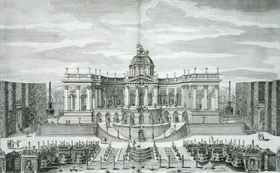 The Great Grotto ja Fountain Garden at Princely Pleasure Palace and Gardens, Berliini, kaiverrus Johann August Corvinus (1683-1738), julkaistu noin 1711-16 (kaiverrus) tekijältä Paul Decker