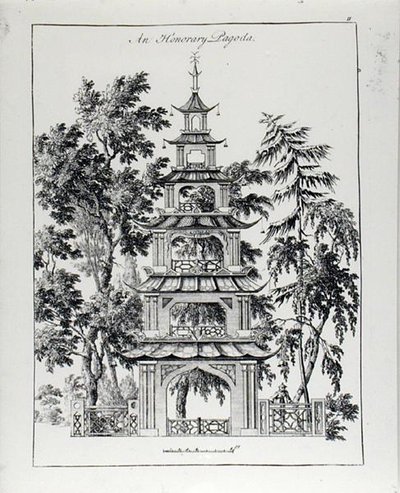 Kunniapagodi, kirjasta "Chinese Architecture, Civil and Ornamental", julkaistu 1759 (kaiverrus) (m/v kuva) tekijältä Paul Decker