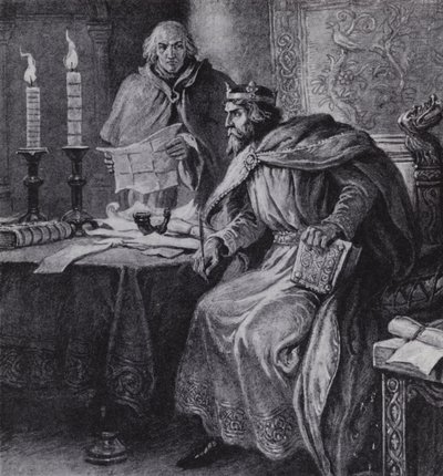 Alfred Suuri, Wessexin kuningas, ja hänen kynttiläkellonsa (litho) tekijältä Paul (after) Hardy