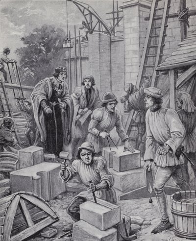Kuningas Henrik VI valvoo Eton Collegen rakennusta, jonka hän perusti vuonna 1440 (litho) tekijältä Paul (after) Hardy