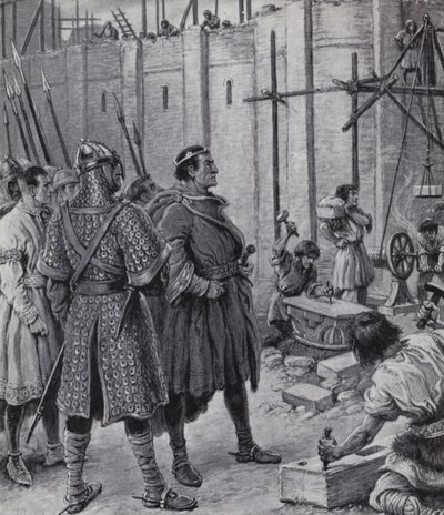 William Valloittaja valvomassa Lontoon Towerin (litho) rakentamista tekijältä Paul (after) Hardy
