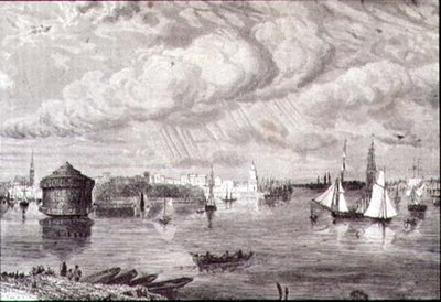 New Yorkin satama 1860-luvulla (kaiverrus) tekijältä Paul (after) Huet