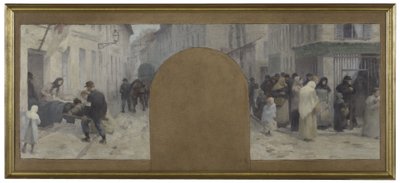 Luonnos Hôtel de Ville de Paris, cabinet du préfet: haavoittuneiden kuljettaminen ambulanssiin. Jonot kaupan edessä Pariisin piirityksen aikana vuonna 1870. tekijältä Paul Albert Baudouin