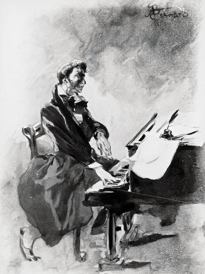 Säveltäjä ja pianisti Frederic Chopin soittaa pianoa, Albert Besnard (1849-1934), akvarelli tekijältä Paul Albert Besnard