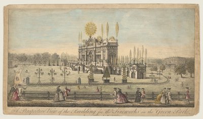 Perspektiivinäkymä ilotulitusrakennuksesta Green Parkissa Lontoossa, n. 1749. tekijältä Paul Angier