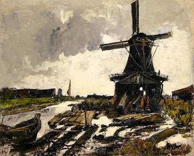Holland, Kanavamaisema, jossa on puusahatuulimylly, noin 1885 (öljy kankaalle). tekijältä Paul Baum