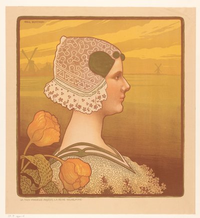 Kuningatar Wilhelminan muotokuva perinteisissä puvuissa Sa très graceful majeste la reine Wilhelmine (otsikko esineessä) tekijältä Paul Berthon