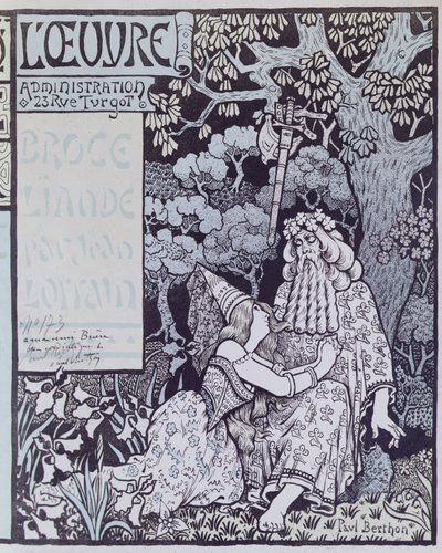 Lumoaja Merlin ja keiju Vivien Brocelianden metsässä, Jean Lorrainin (1855-1906) näytelmästä Broceliande n. 1900 (puupiirros) tekijältä Paul Berthon