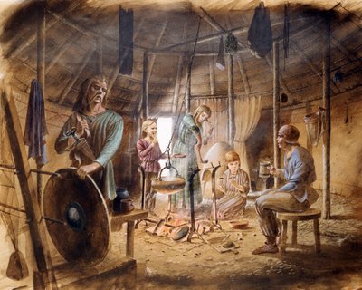 Rautakautisen talon sisällä, 5. vuosisadalla eKr., n. 1990-2010 tekijältä Paul Birkbeck