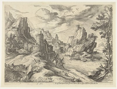 Rocky Coast Campaniassa kaupungin ja matkustajien kanssa tekijältä Paul Bril
