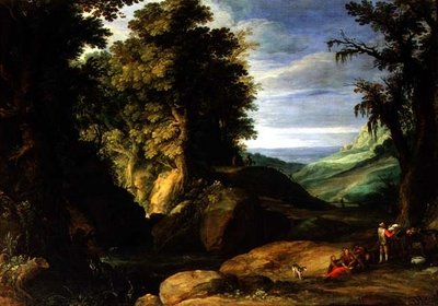 Maisema matkustajien kanssa, n. 1610-1615 (öljy kankaalle) tekijältä Paul Brill or Bril