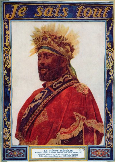 Muotokuva Etiopian Negusista, Menelik II (1844-1913), kuvitus Je Sais Tout -lehdestä, n. 1900 tekijältä Paul Buffet