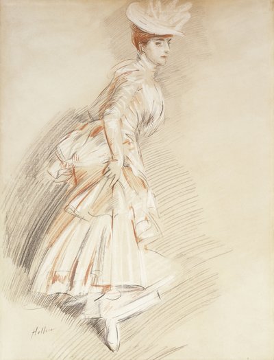 Tyylikäs nainen seisoo täyspitkänä, tekijältä Paul Cesar Helleu