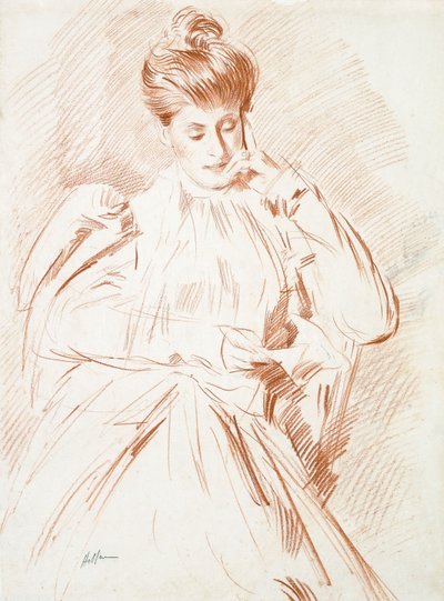 Madame Helleun muotokuva lukemassa, tekijältä Paul Cesar Helleu