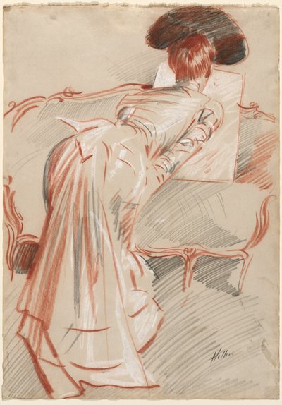 Nainen (mahdollisesti Madame Alice Hellu) katselee piirustusta, noin 1895 (musta, punainen ja valkoinen liitu). tekijältä Paul Cesar Helleu