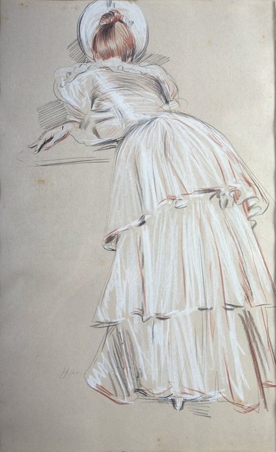 Nainen seisoo takaapäin nojaten (pastelli) tekijältä Paul Cesar Helleu