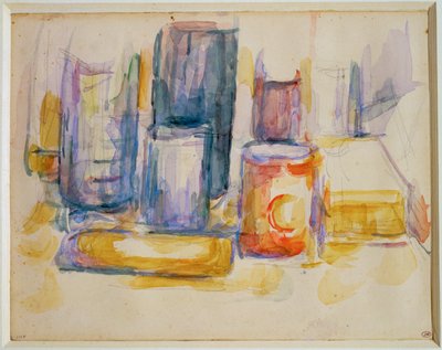 Keittiön pöytä, kattiloita ja pulloja (maalaus) tekijältä Paul Cézanne