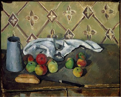 Hedelmät, lautasliina ja maitolaatikko - Öljy kankaalle tekijältä Paul Cézanne